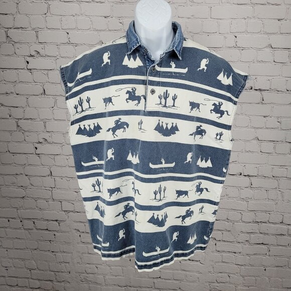 VTG Structure Activewear Blue White Western Cowboy Sleeveless Shirt USA Large - Picture 1 of 14